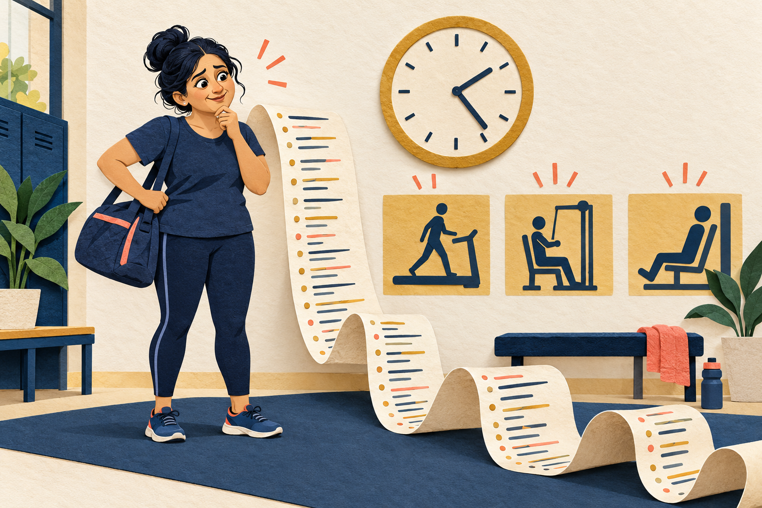Generated paper-collage illustration of a fictional Indian woman with a gym bag, a clock and a comically long exercise list curling across the floor.