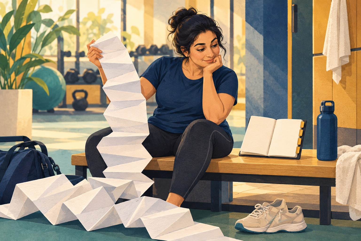Generated illustration of a fictional Indian woman comparing an overlong folded workout plan with a small four-tab notebook.