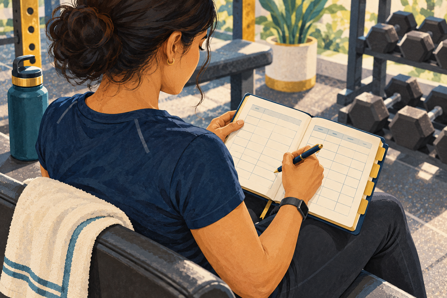 Generated illustration of a fictional Indian woman noting her gym session in a blank ruled notebook.
