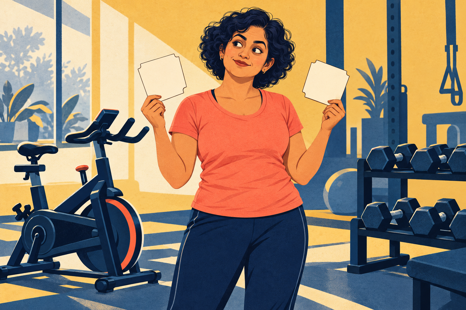 Generated screen-print illustration of a fictional Indian woman choosing between a stationary bicycle and resting dumbbells using two blank queue tickets.