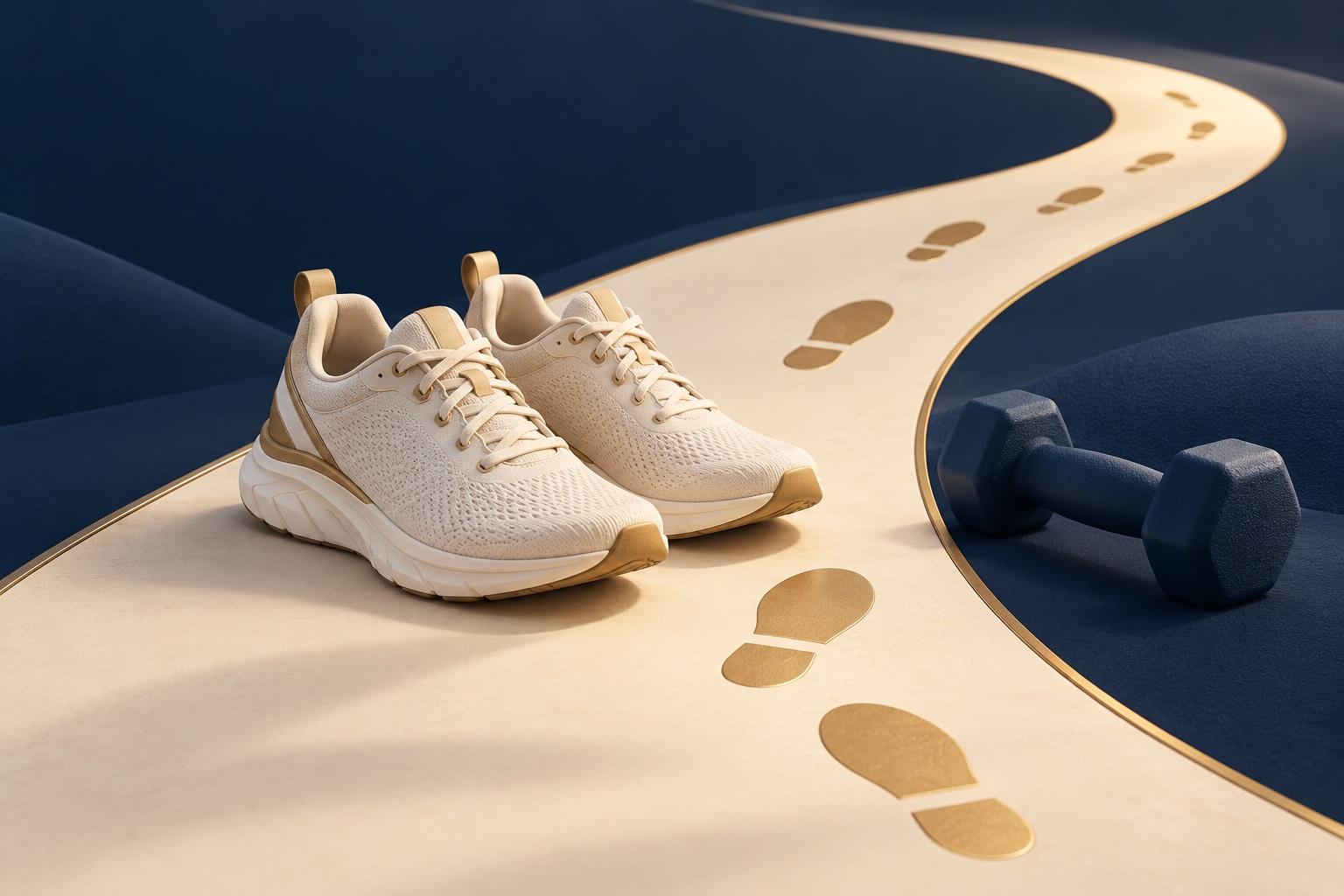 Editorial illustration of walking shoes and a dumbbell beside a curved path with gold footprints.