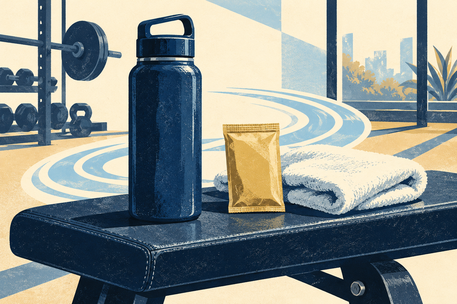 Screen-print-style illustration of a navy refillable water bottle, a plain gold sachet and a folded towel on a gym bench.