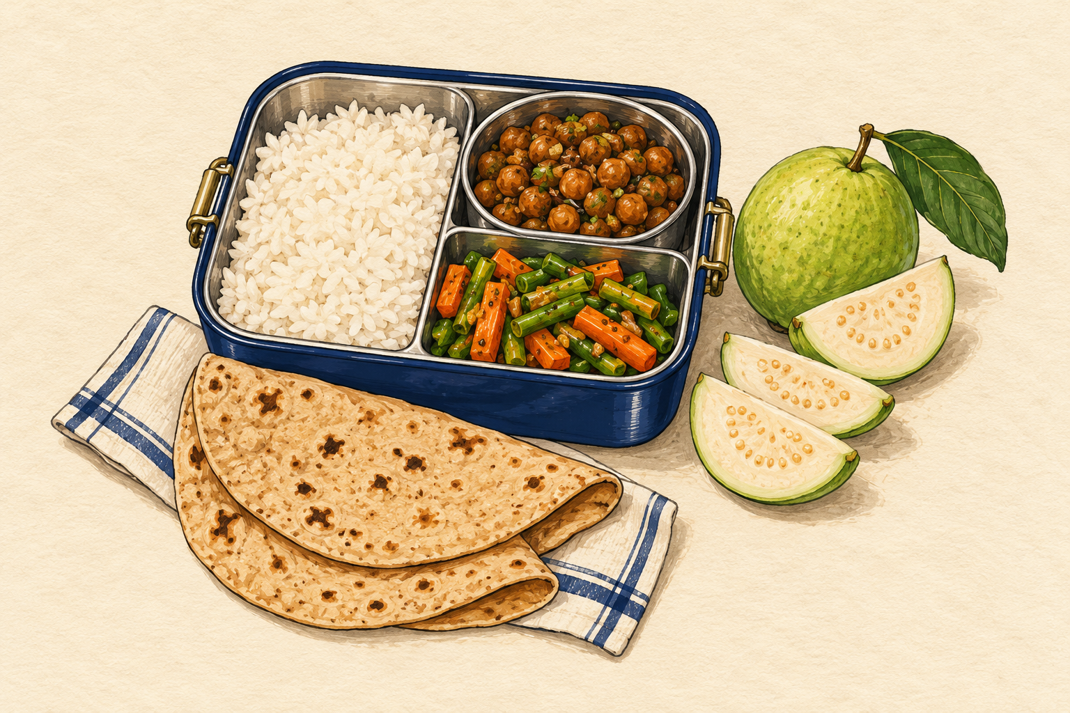 Editorial illustration of a lunch box with rice, chickpeas and vegetables, alongside folded rotis and guava on ivory paper.