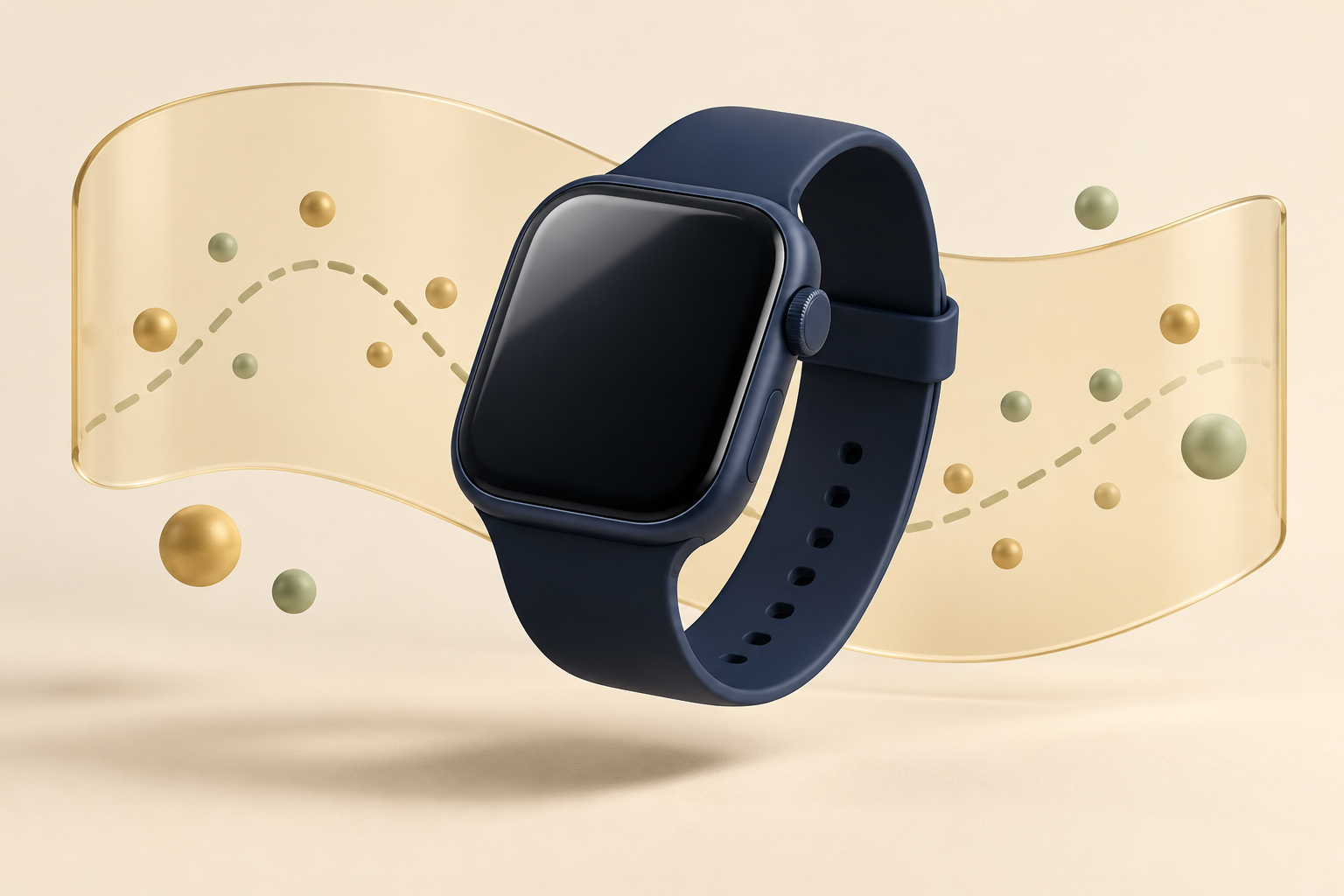 Generated sculptural illustration of an unbranded navy watch with a blank screen, floating before translucent gold panels and abstract dots.