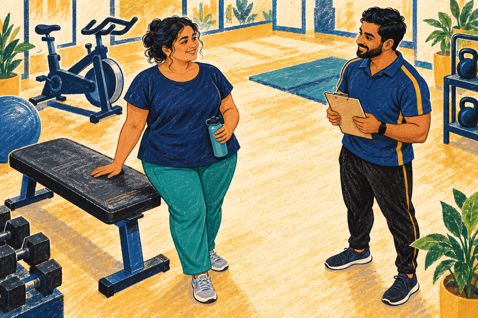 Generated linocut-style illustration of a fictional Indian woman with a larger body discussing her starting options with a fictional trainer beside a gym bench.