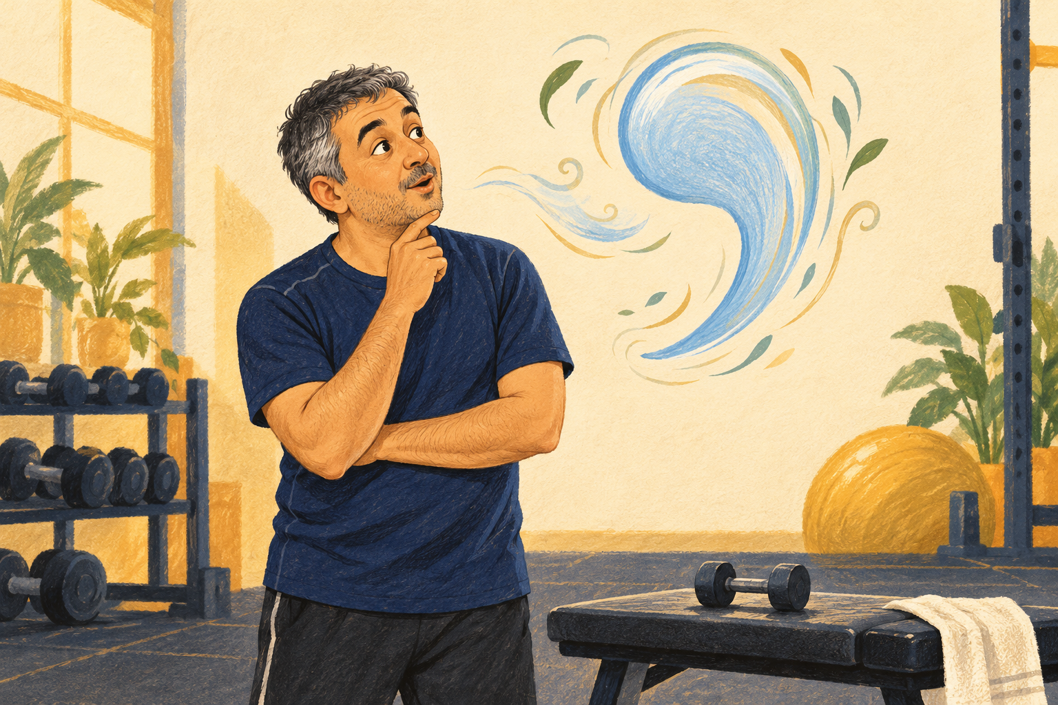 Generated coloured-pencil illustration of a fictional Indian man beside a resting dumbbell, looking at a comma-shaped ribbon of air.