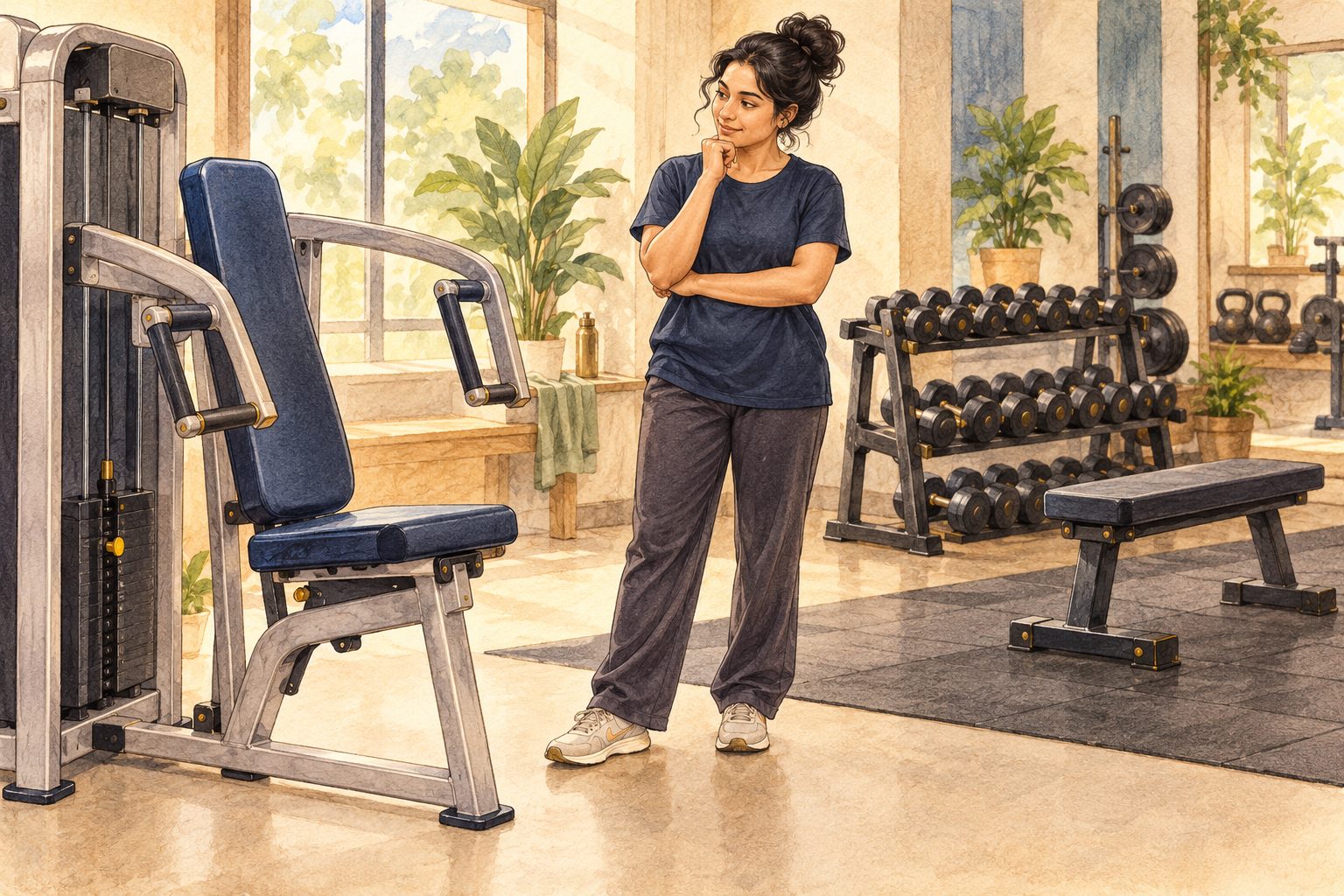 Watercolour illustration of a fictional Indian adult considering a seated chest-press machine, with a dumbbell rack and bench nearby.
