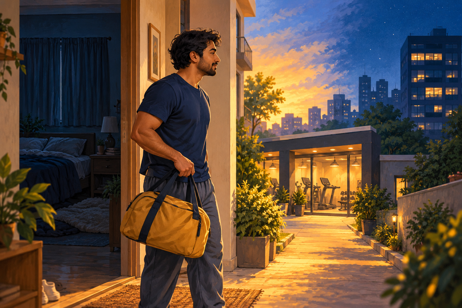 Generated gouache illustration of a fictional Indian shift worker leaving a quiet apartment with a gym bag, with an evening gym and lit workplace beyond.