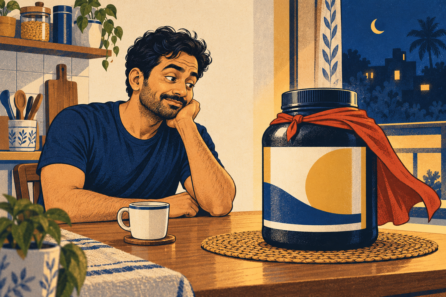 Generated screen-print illustration of a fictional Indian man considering an unbranded supplement tub with a tiny superhero cape beside a coffee cup in the evening.