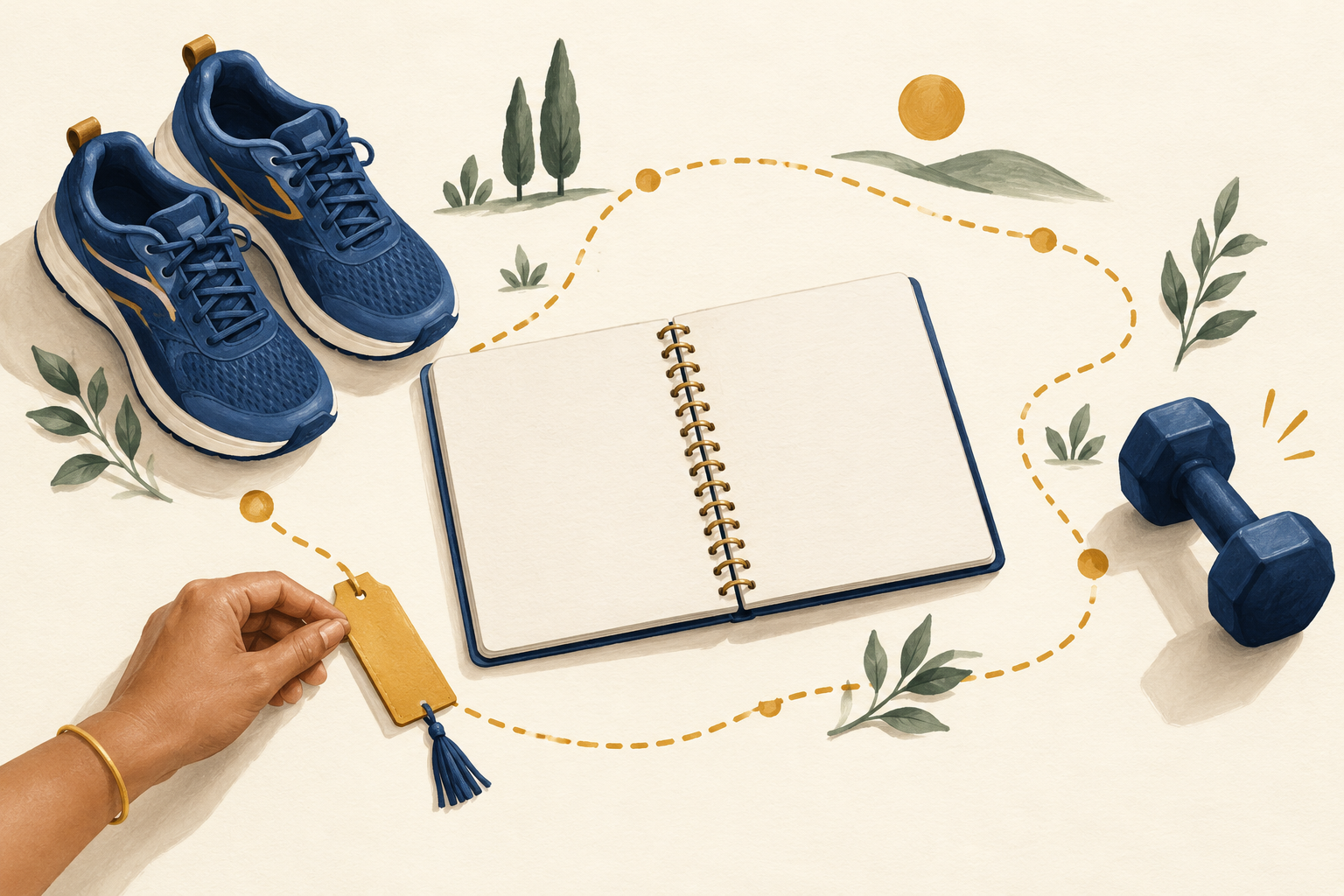 Generated editorial illustration of walking shoes and a dumbbell connected by a winding path around a blank weekly planner.