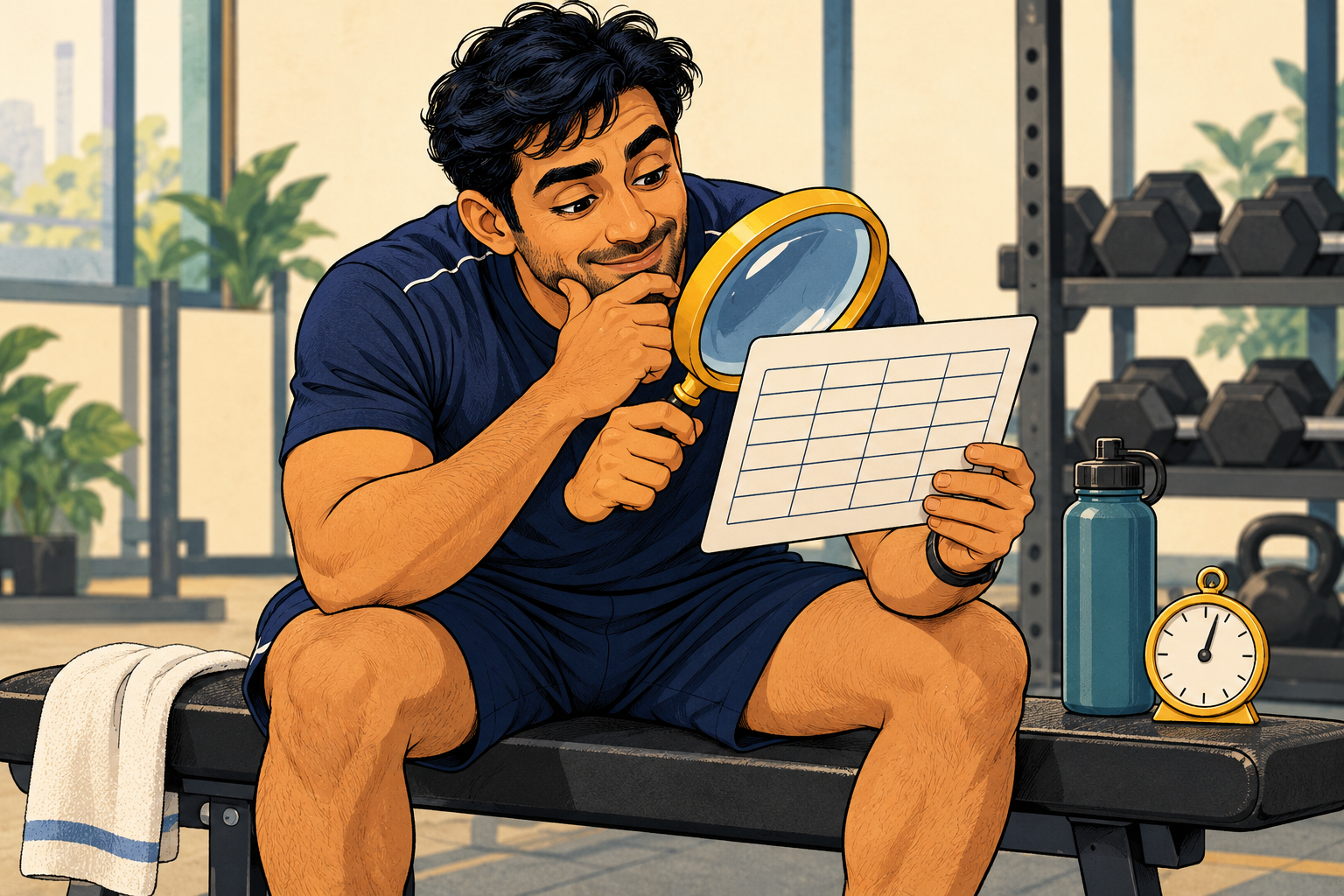 Generated editorial illustration for sets, reps and rest: how to read your gym workout. Fictional people and generic equipment; no real member or facility.