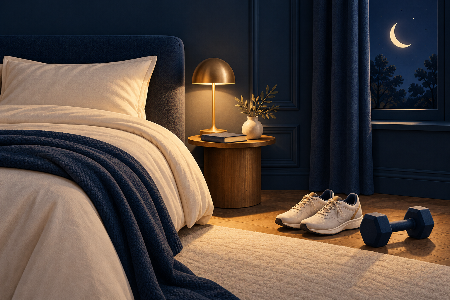 Conceptual nighttime bedroom scene with an ivory bed, gold lamp, training shoes and a navy dumbbell beside a moonlit window.