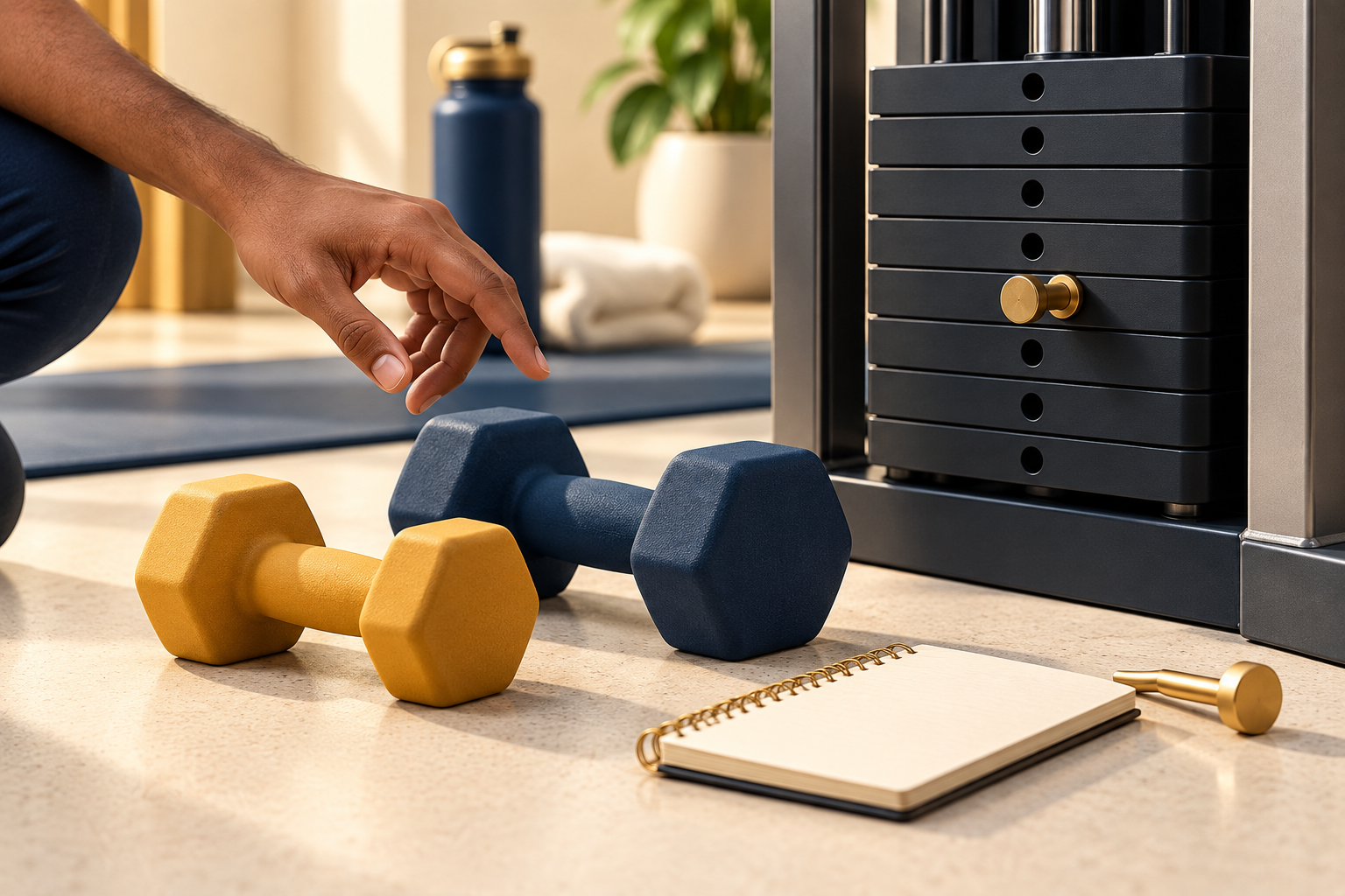 Generated editorial illustration for how much weight should a gym beginner start with?. Fictional people and generic equipment; no real member or facility.