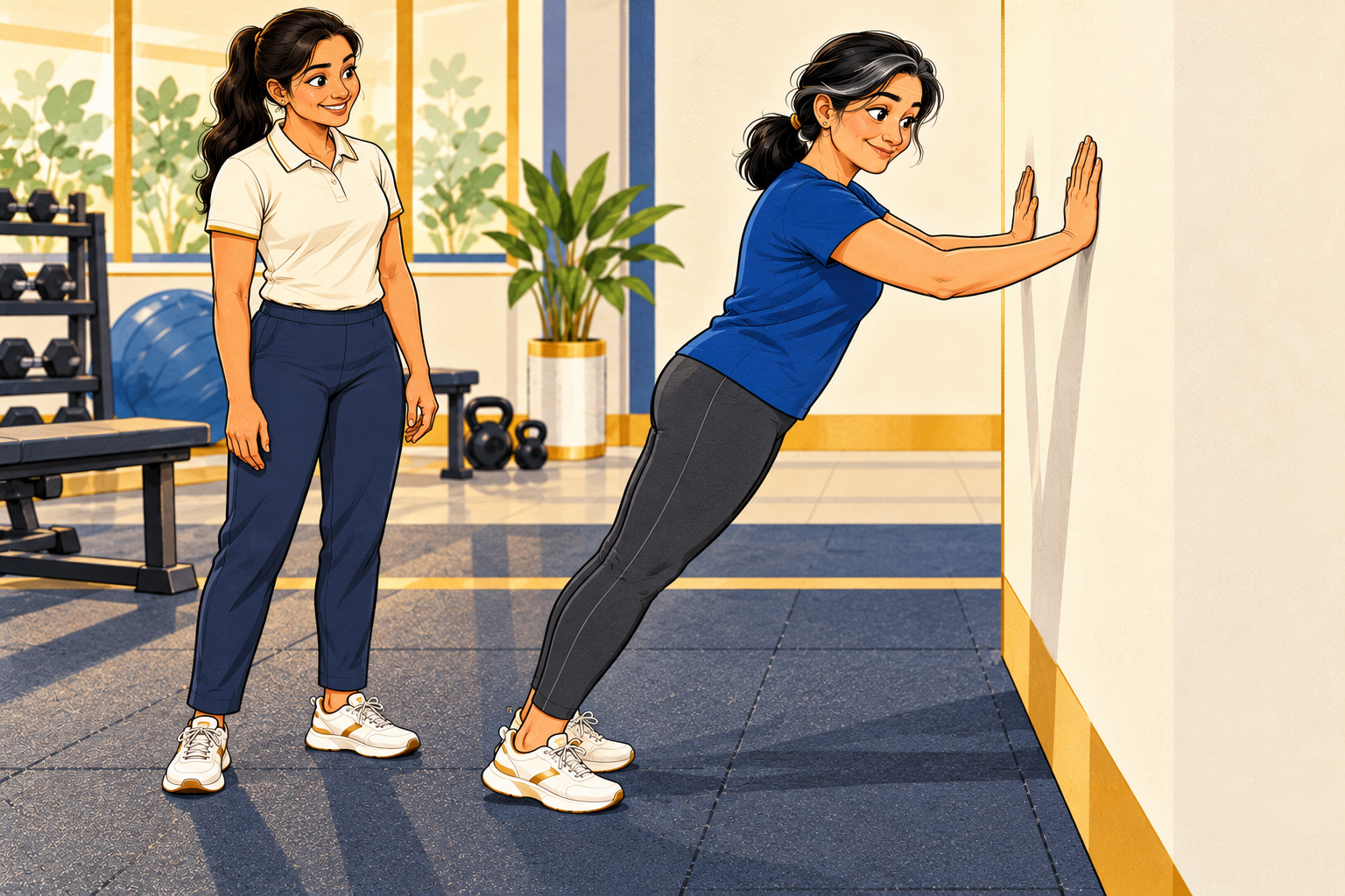 Fictional Indian beginner in her early 40s learning a wall push-up variation with a trainer nearby.