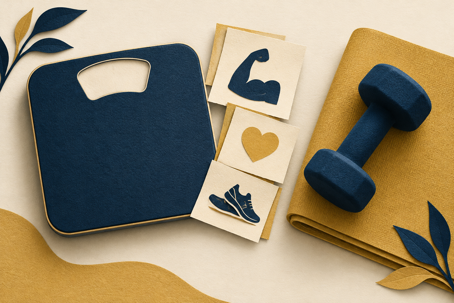 Paper-cut illustration of a blank bathroom scale, a dumbbell and small movement-symbol cards on an ivory and gold surface.