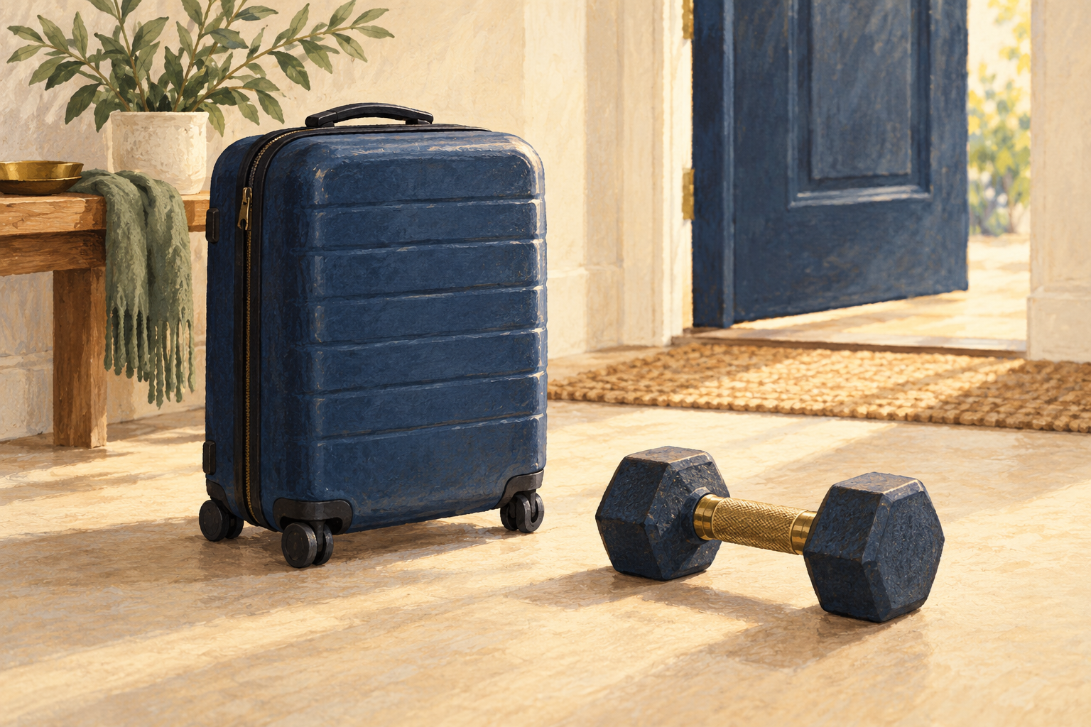 Generated gouache illustration of a navy suitcase and a single navy-and-gold dumbbell near an ivory doorway.