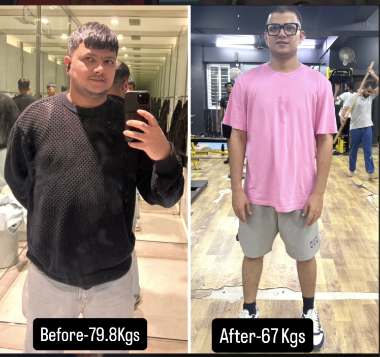 Original IMFIT before-and-after photographs supplied by the owner, showing a member in black and pink clothing