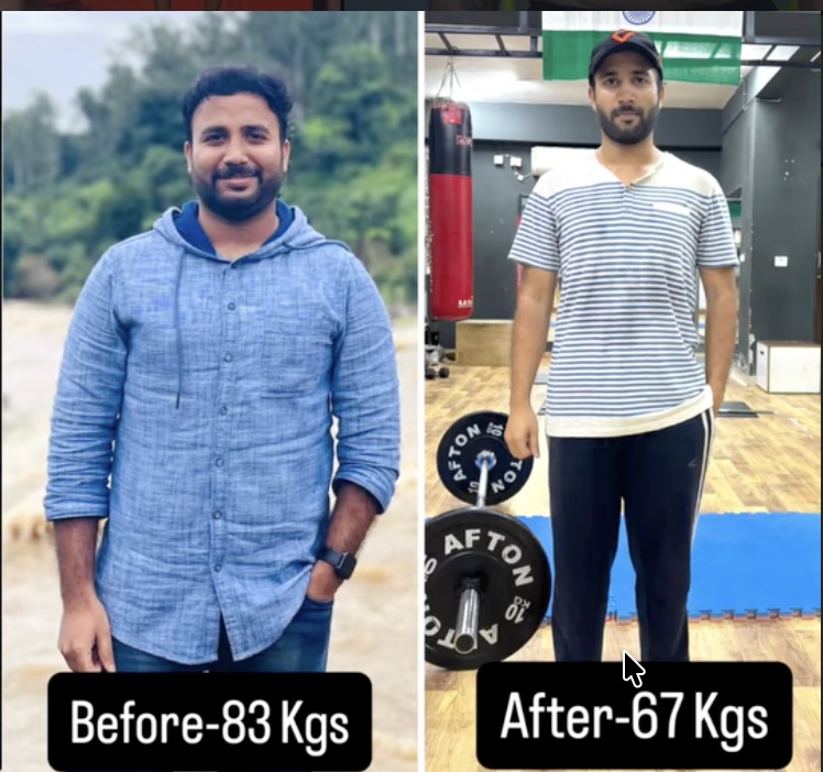 Original IMFIT before-and-after photographs supplied by the owner, showing a member in blue and striped shirts